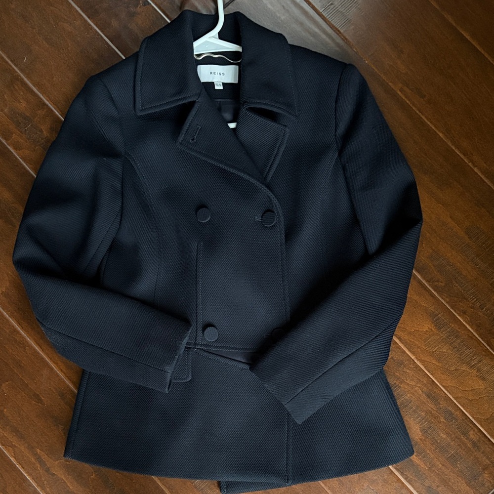 Reiss Midnight Blue Double-Breasted Textured Pea Coat US 4 (UK 8) Worn Twice